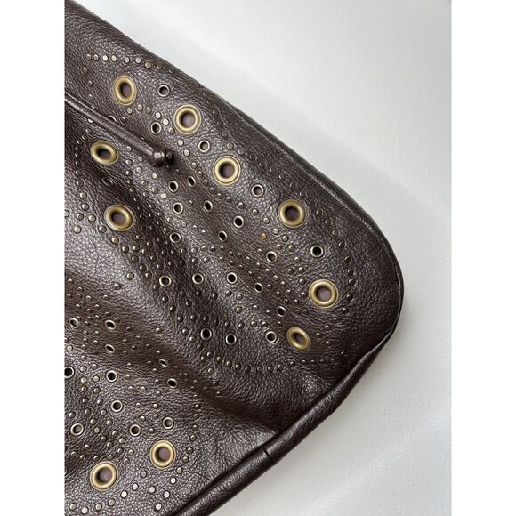 Y2K Hilton Weiner Leather Perforated Purse Studded Brown Bucket Bag Grommets - Picture 8 of 16